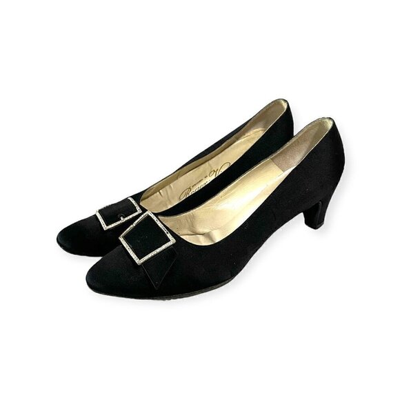 Vintage 60s Roger Vivier Black Satin Evening Pumps with Rhinestone Buckles - Picture 3 of 14